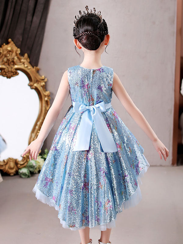 Blue Jewel Neck Sleeveless Bows Kids Social Party Dresses Princess Dress-showprettydress