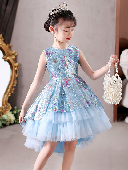 Blue Jewel Neck Sleeveless Bows Kids Social Party Dresses Princess Dress-showprettydress