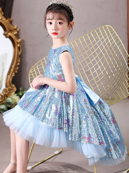 Blue Jewel Neck Sleeveless Bows Kids Social Party Dresses Princess Dress-showprettydress