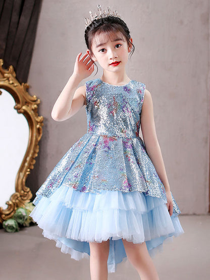 Blue Jewel Neck Sleeveless Bows Kids Social Party Dresses Princess Dress-showprettydress