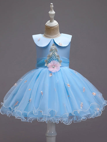 Blue Jewel Neck Sleeveless Bows Tulle Polyester Cotton Flowers Kids Social Party Dresses-showprettydress