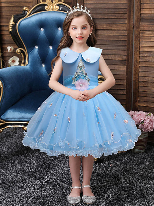 Blue Jewel Neck Sleeveless Bows Tulle Polyester Cotton Flowers Kids Social Party Dresses-showprettydress