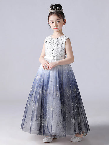 Blue Jewel Neck Sleeveless Polyester Tulle Lace Polyester Cotton Embroidered Kids Party Dresses-showprettydress