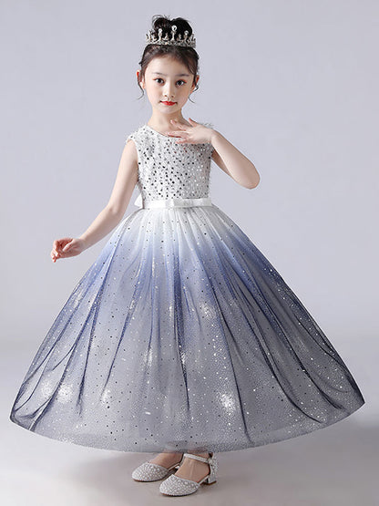 Blue Jewel Neck Sleeveless Polyester Tulle Lace Polyester Cotton Embroidered Kids Party Dresses-showprettydress