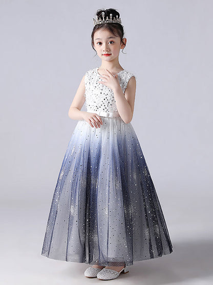 Blue Jewel Neck Sleeveless Polyester Tulle Lace Polyester Cotton Embroidered Kids Party Dresses-showprettydress