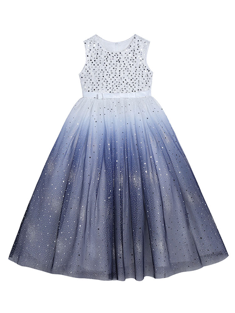 Blue Jewel Neck Sleeveless Polyester Tulle Lace Polyester Cotton Embroidered Kids Party Dresses-showprettydress