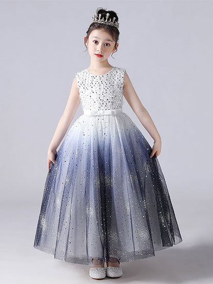 Blue Jewel Neck Sleeveless Polyester Tulle Lace Polyester Cotton Embroidered Kids Party Dresses-showprettydress