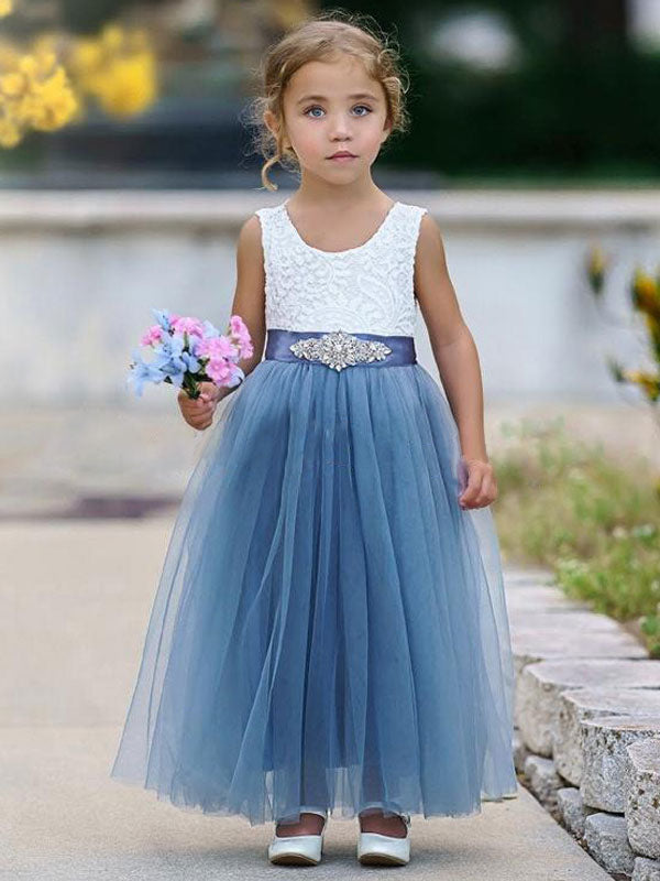 Blue Jewel Neck Sleeveless Sash Kids Party Dresses-showprettydress