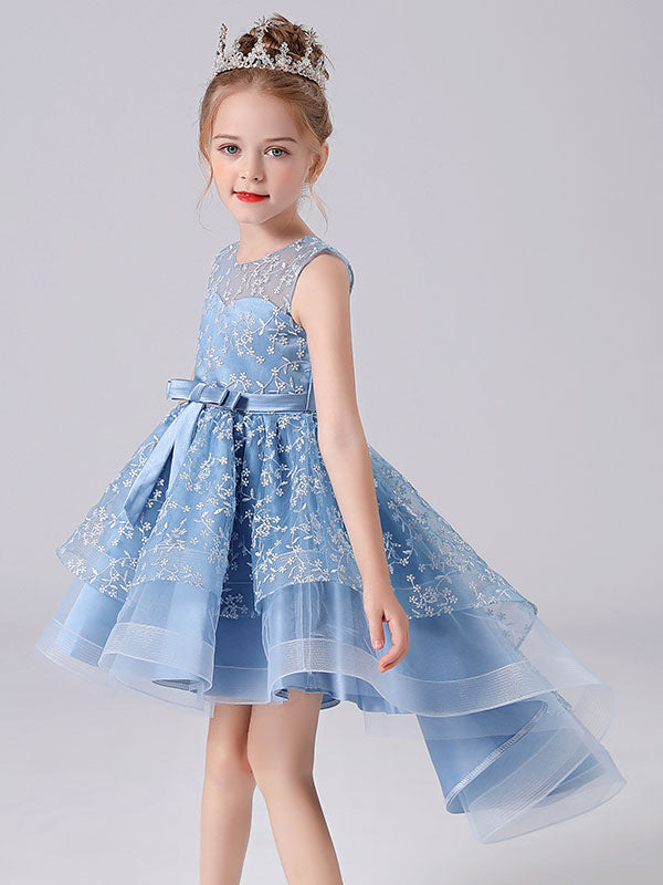 Blue Jewel Neck Sleeveless Short Princess Dress Sash Lace Kids Party Dresses-showprettydress