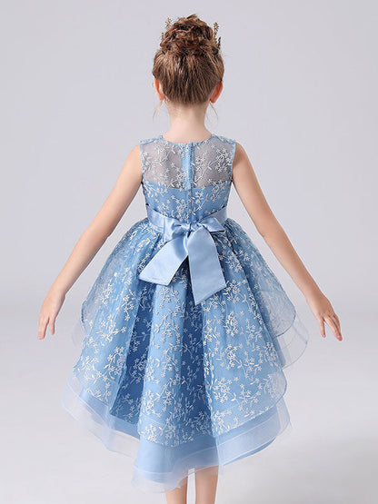 Blue Jewel Neck Sleeveless Short Princess Dress Sash Lace Kids Party Dresses-showprettydress