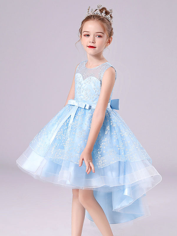 Blue Jewel Neck Sleeveless Short Princess Dress Sash Lace Kids Party Dresses-showprettydress