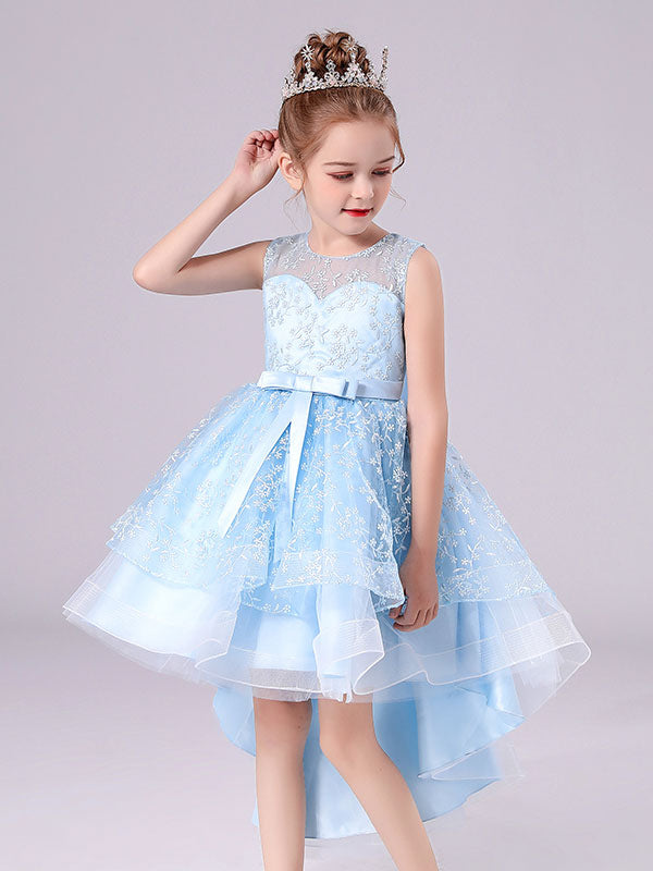 Blue Jewel Neck Sleeveless Short Princess Dress Sash Lace Kids Party Dresses-showprettydress