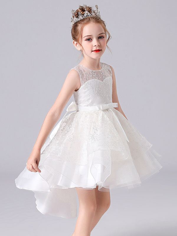 Blue Jewel Neck Sleeveless Short Princess Dress Sash Lace Kids Party Dresses-showprettydress