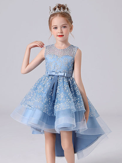 Blue Jewel Neck Sleeveless Short Princess Dress Sash Lace Kids Party Dresses-showprettydress