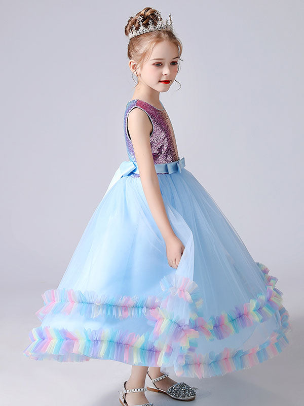 Blue Jewel Neck Tulle Sleeveless Ankle-Length Bows Kids Social Party Dresses Princess Dress-showprettydress