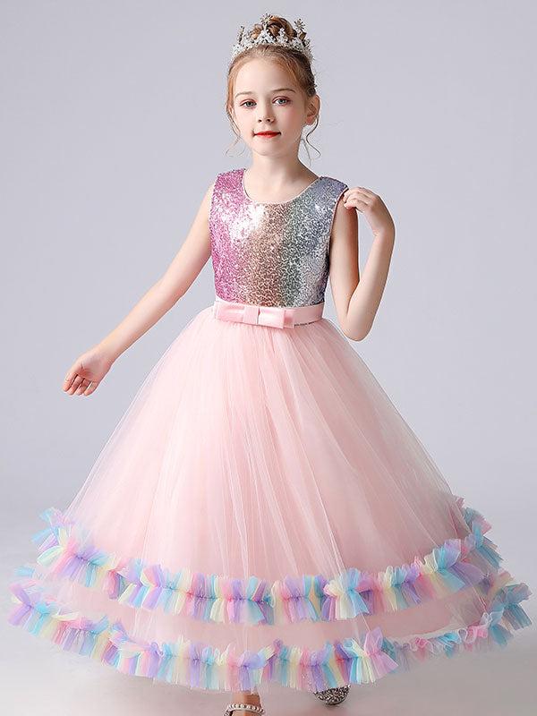 Blue Jewel Neck Tulle Sleeveless Ankle-Length Bows Kids Social Party Dresses Princess Dress-showprettydress