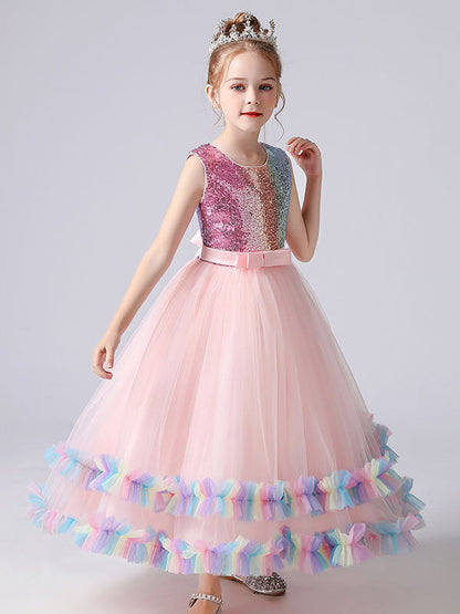 Blue Jewel Neck Tulle Sleeveless Ankle-Length Bows Kids Social Party Dresses Princess Dress-showprettydress