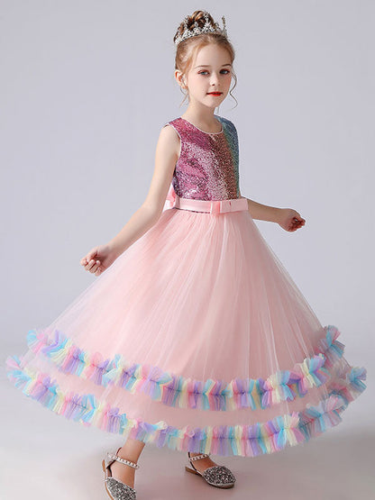 Blue Jewel Neck Tulle Sleeveless Ankle-Length Bows Kids Social Party Dresses Princess Dress-showprettydress