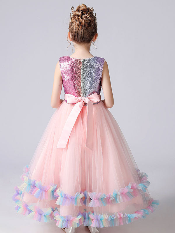 Blue Jewel Neck Tulle Sleeveless Ankle-Length Bows Kids Social Party Dresses Princess Dress-showprettydress