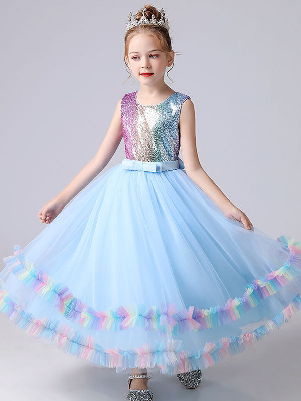 Blue Jewel Neck Tulle Sleeveless Ankle-Length Bows Kids Social Party Dresses Princess Dress-showprettydress