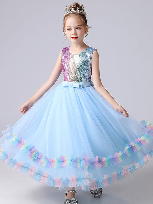 Blue Jewel Neck Tulle Sleeveless Ankle-Length Bows Kids Social Party Dresses Princess Dress-showprettydress