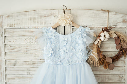 Blue Lace Tulle Cap Sleeves V Back Wedding Flower Girl Dress