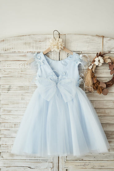 Blue Lace Tulle Cap Sleeves V Back Wedding Flower Girl Dress