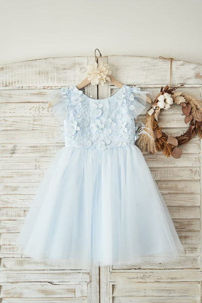 Blue Lace Tulle Cap Sleeves V Back Wedding Flower Girl Dress