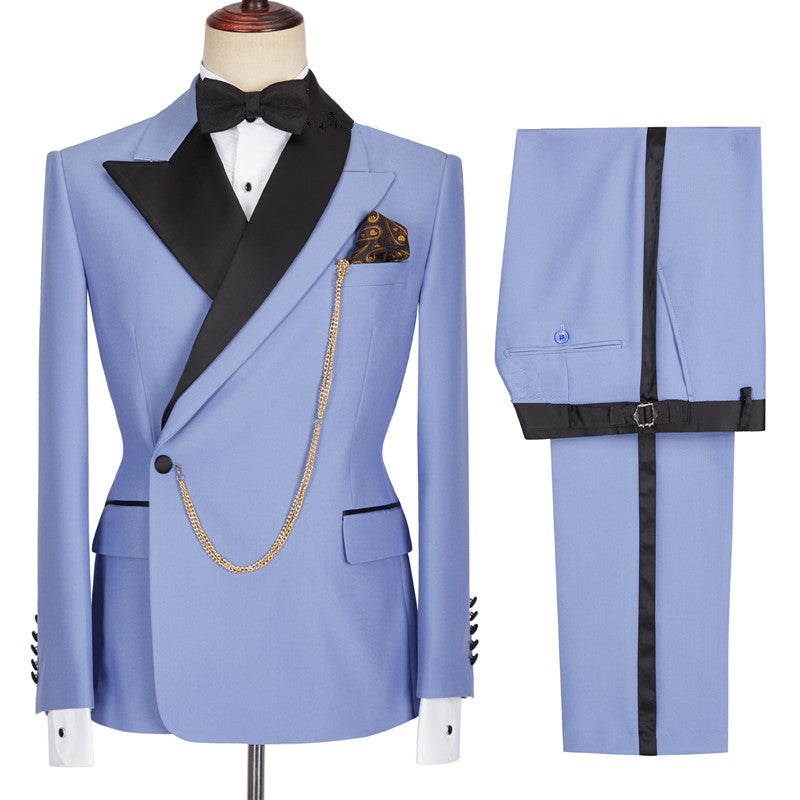 Blue Peaked Lapel Slim Fit Bespoke Men Suits-showprettydress