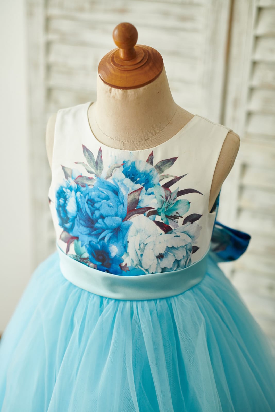 Blue Printed Floral Satin Tulle V Back Wedding Flower Girl 