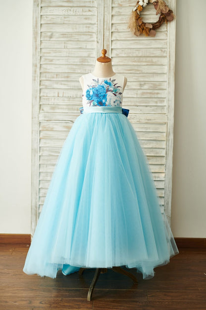 Blue Printed Floral Satin Tulle V Back Wedding Flower Girl 