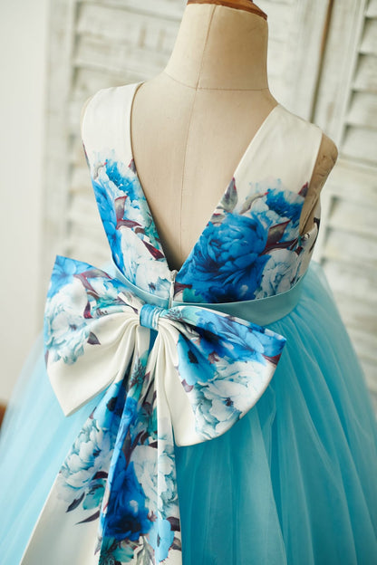 Blue Printed Floral Satin Tulle V Back Wedding Flower Girl 