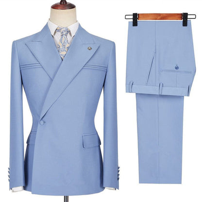 Blue Slim Fit Peaked Lapel Ruffles Designer Men's Prom Suits-showprettydress