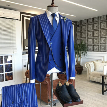 Blue Striped 3-pieces Peaked Lapel Formal Men Suits-showprettydress