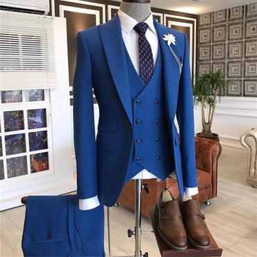 Blue Three-Pieces Peaked Lapel Men Suits-showprettydress