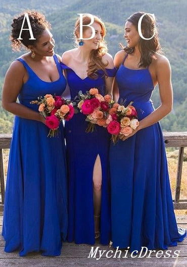 Long Sleeveless Satin Royal Blue Mismatched Bridesmaid Dresses