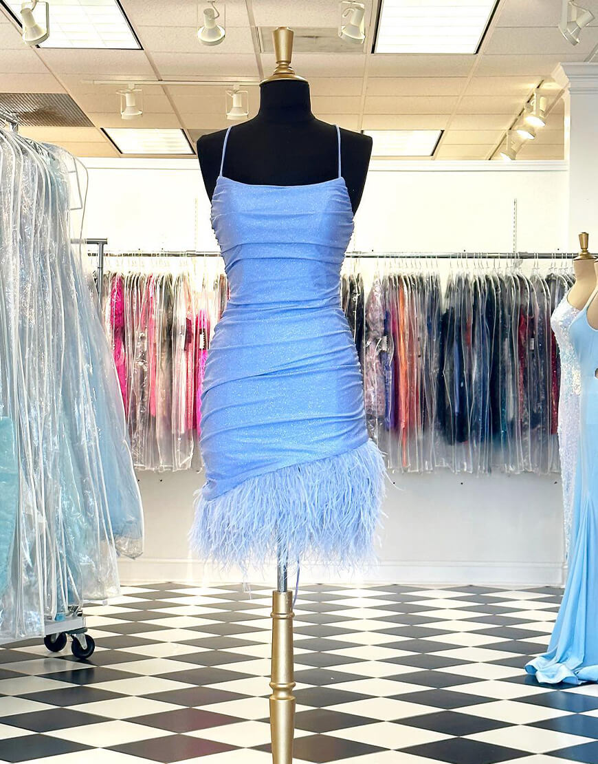 Anastasia |Sheath Blue Homecoming Dress with Feathers