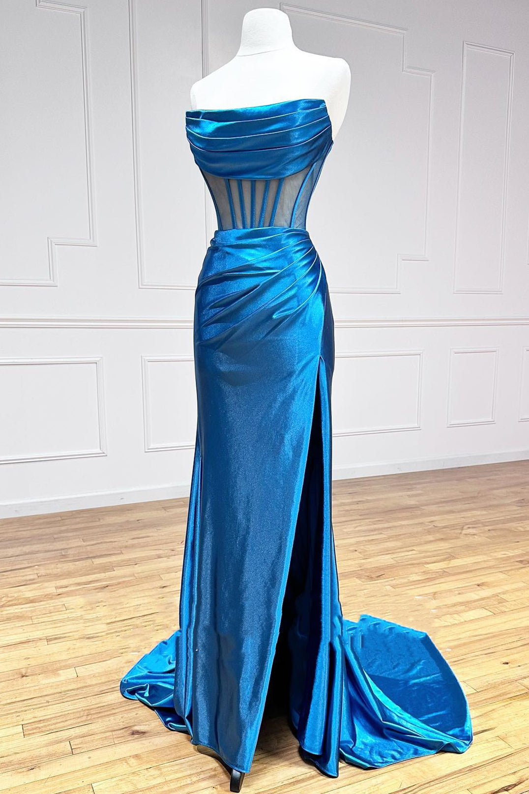 Roycebridal Strapless Pleated Boning Sheer Long Prom Dress with Slit