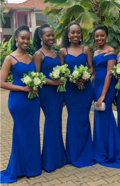 Roycebridal African Satin Blue Bridesmaid Dresses Spaghetti Straps Mermaid Wedding Guest Dress