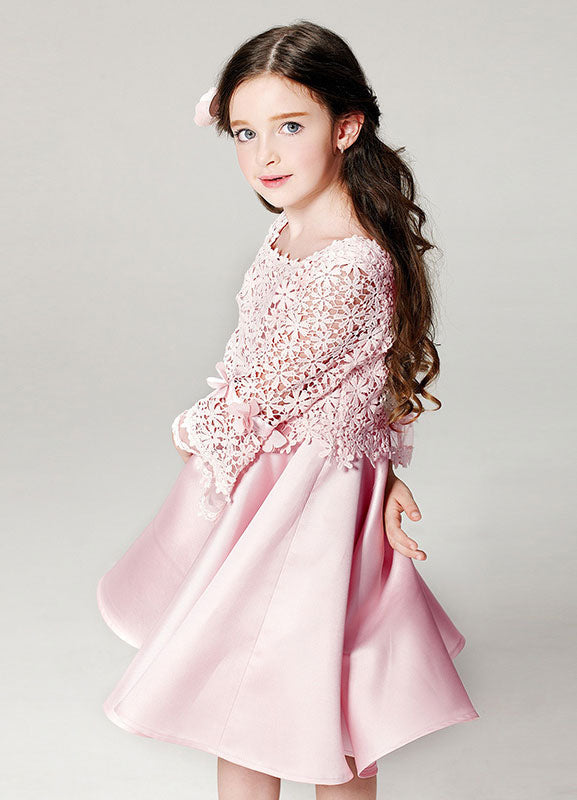 Blush flower girl dress Boho Princess Lace Satin Bell Long Sleeve Flowers Short Pageant Skater Dress-showprettydress