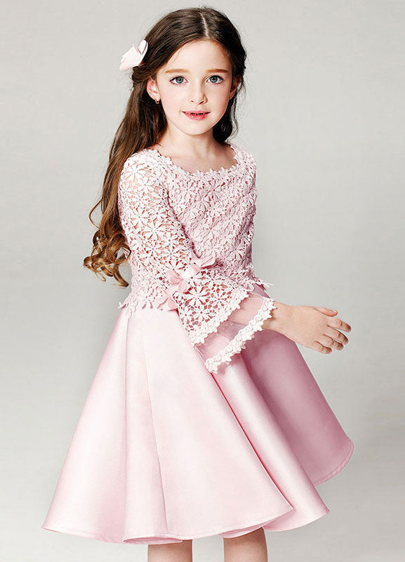 Blush flower girl dress Boho Princess Lace Satin Bell Long Sleeve Flowers Short Pageant Skater Dress-showprettydress