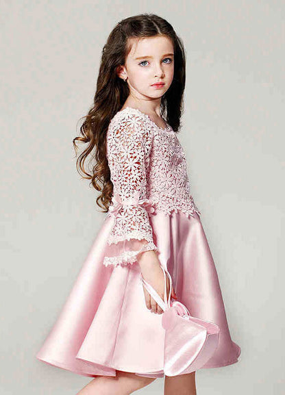 Blush flower girl dress Boho Princess Lace Satin Bell Long Sleeve Flowers Short Pageant Skater Dress-showprettydress