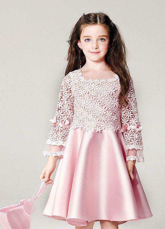 Blush flower girl dress Boho Princess Lace Satin Bell Long Sleeve Flowers Short Pageant Skater Dress-showprettydress