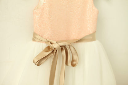 Blush Pink / Gold Sequin Ivory Tulle Flower Girl Dress with 