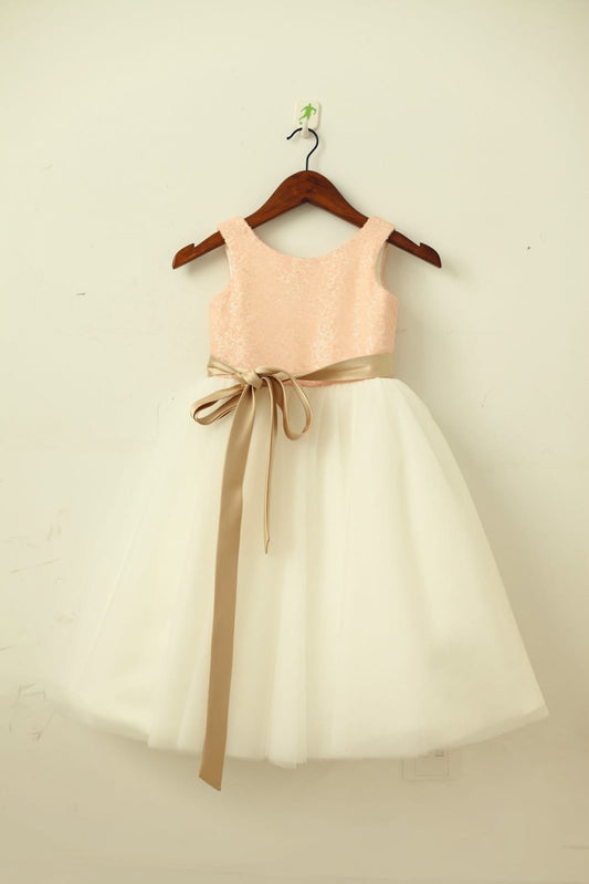 Blush Pink / Gold Sequin Ivory Tulle Flower Girl Dress with 