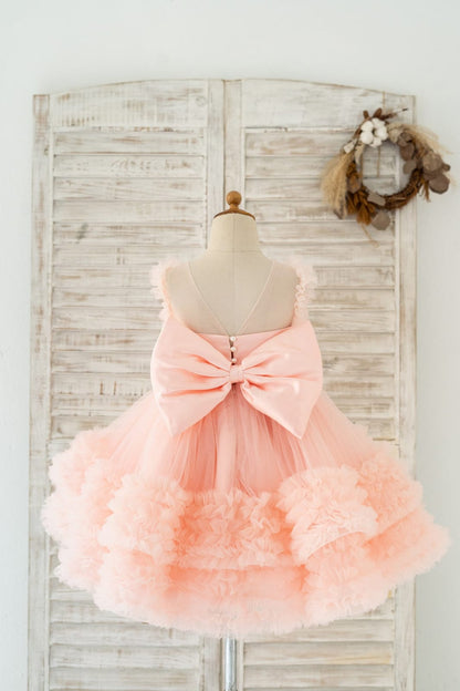 Blush Pink V Back Pearl Beaded Tulle Wedding Flower Girl 