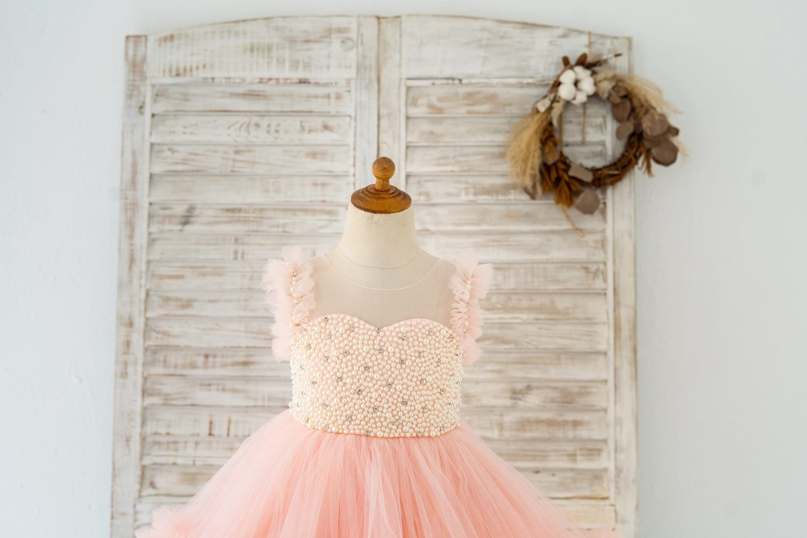 Blush Pink V Back Pearl Beaded Tulle Wedding Flower Girl 