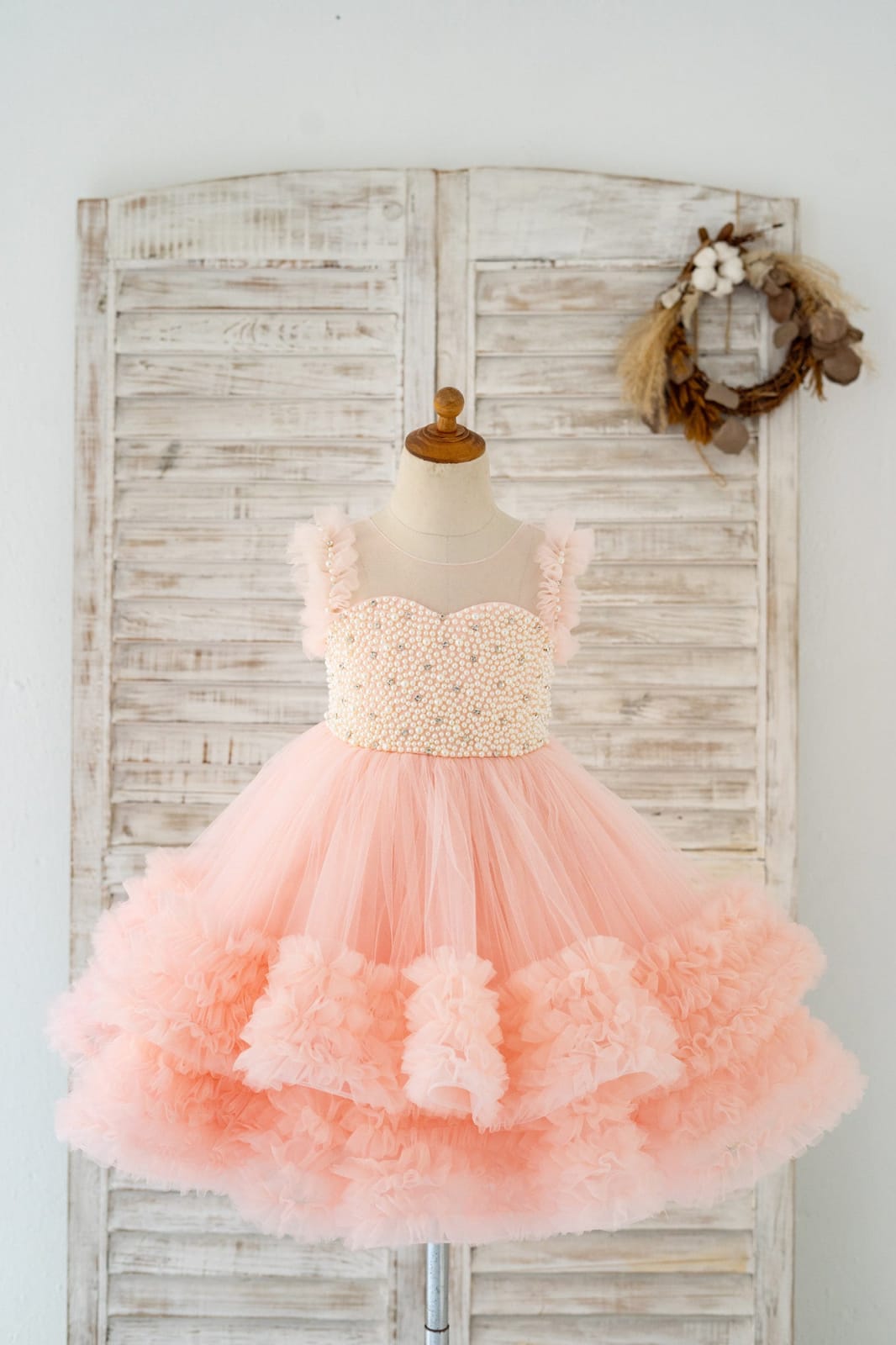 Blush Pink V Back Pearl Beaded Tulle Wedding Flower Girl 