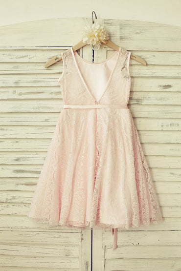 Blush Pink Lace V Back Flower Girl Dress with Thin Sash