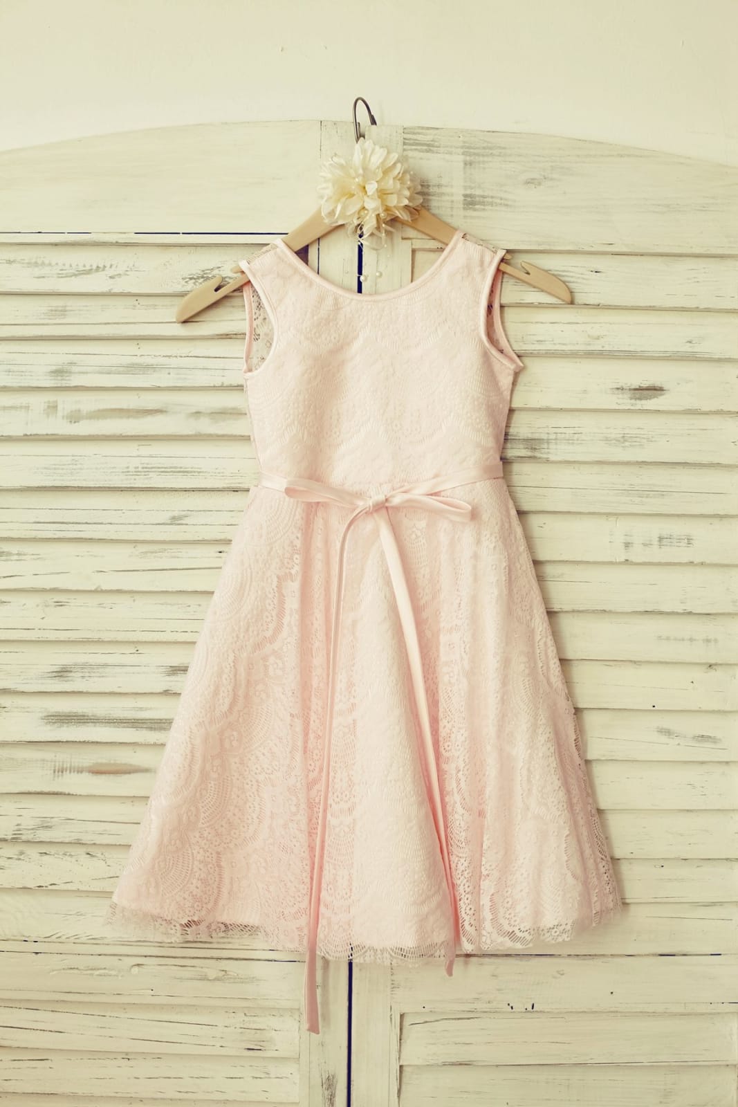 Blush Pink Lace V Back Flower Girl Dress with Thin Sash